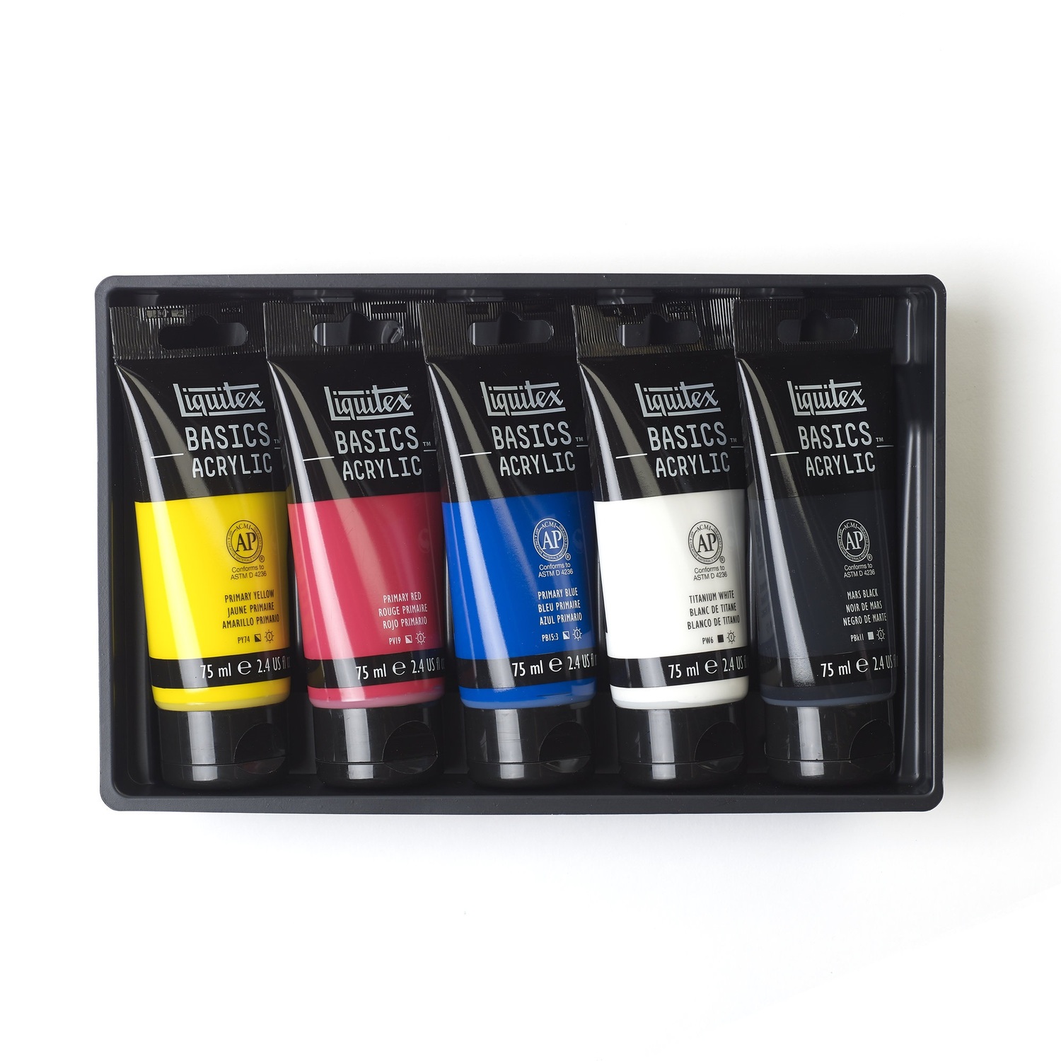 Basics Acrylfarben Set 5x75ml zeigt fünf Tuben in verschiedenen Farben in einer schwarzen Box. Ideal für kreative Projekte.
