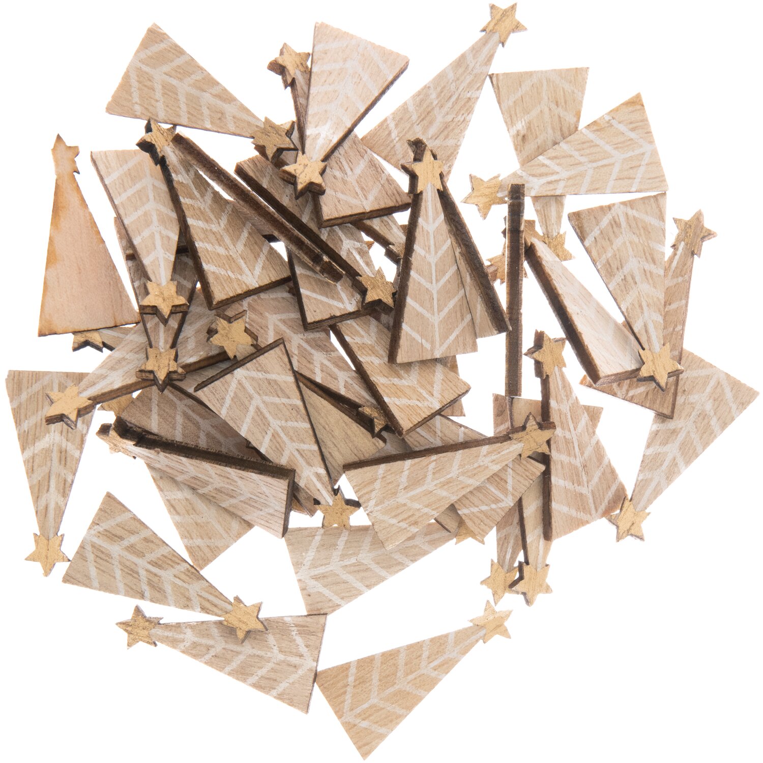 Holzstreu Tannenbaum natur 15x30mm 48 Stück, dekorative Holzstreuteile mit Sternenmotiv. Ideal für festliche Bastelprojekte und Dekorationen.