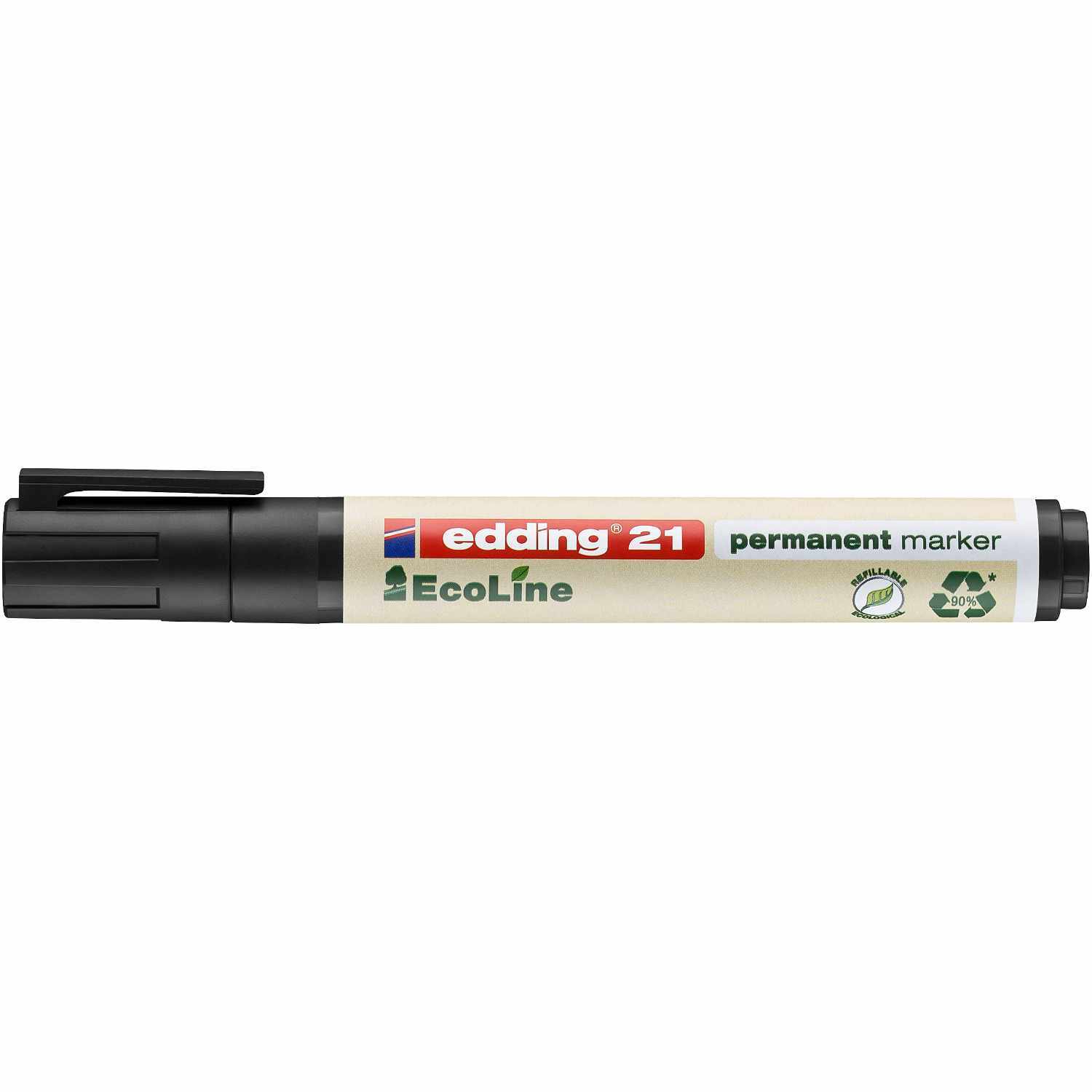 21 EcoLine Permanentmarker 1,5-3mm von edding, schwarzer Stift mit Recycling-Symbolen auf der Hülle. Ideal für umweltbewusstes Markieren.