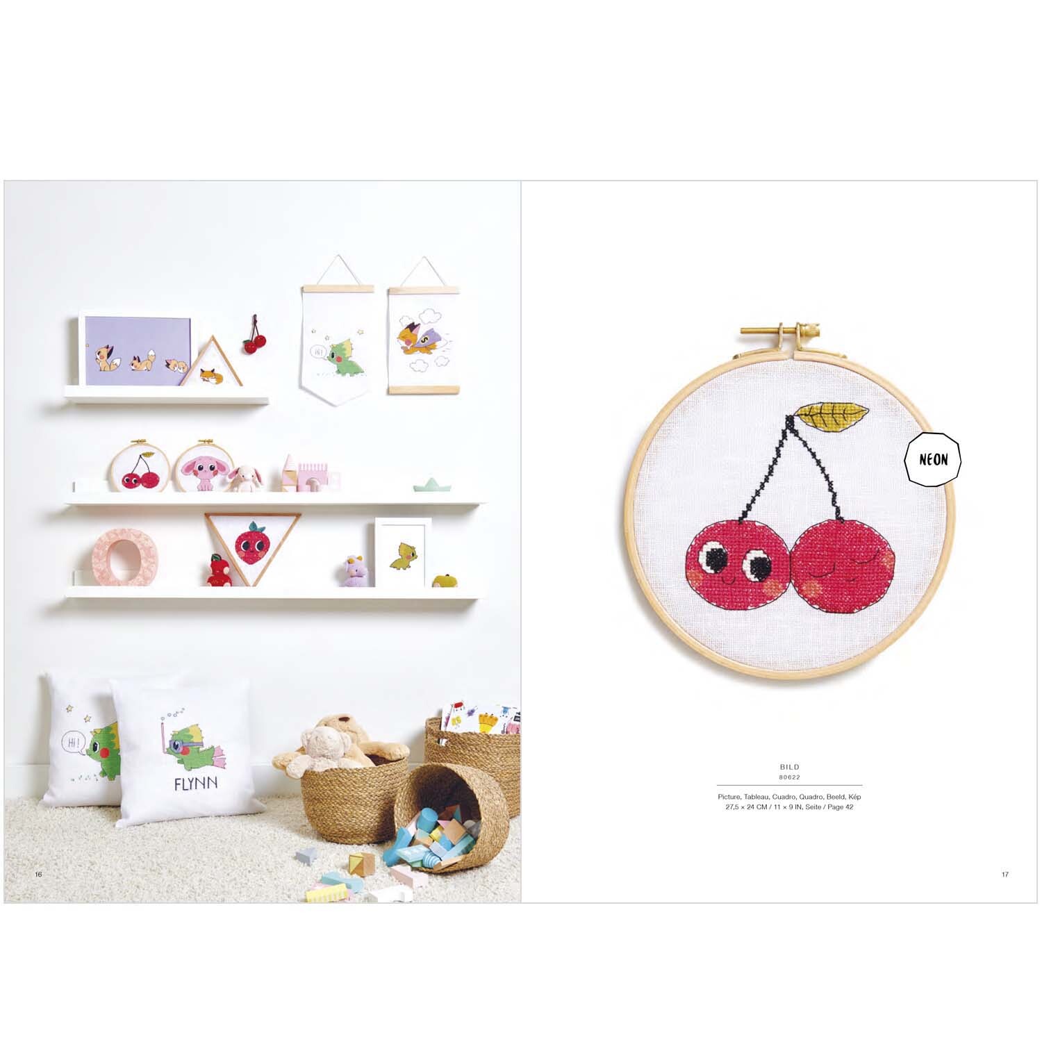Stickbuch Cute, Cuter, Kawaii Nr. 175 zeigt ein Stickmuster mit roten Kirschen von Rico Design an einer Wand.