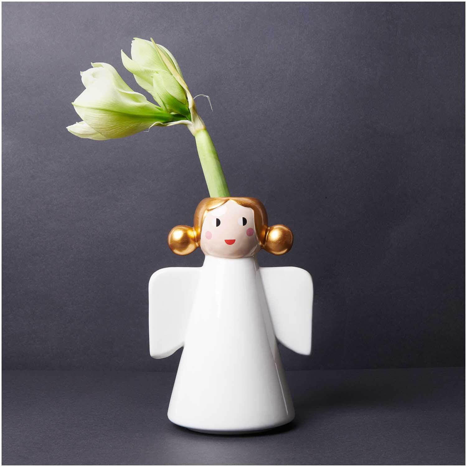 Keramik Vase Engel weiß 26,5cm: Weiße Engelvase mit goldenen Details, ideal für Blumenarrangements.