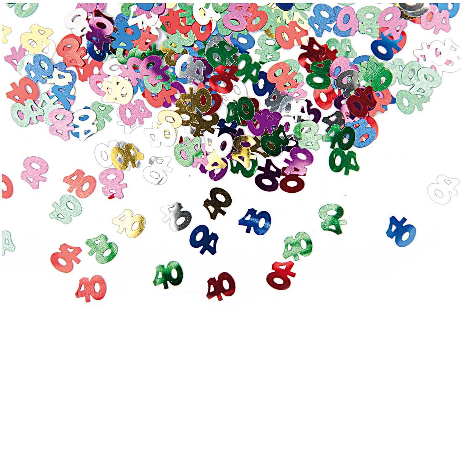 Flitter Streu 40 mehrfarbig 10g: Bunte, glitzernde Zahlen "40" von Rico Design, ideal für Dekorationen.