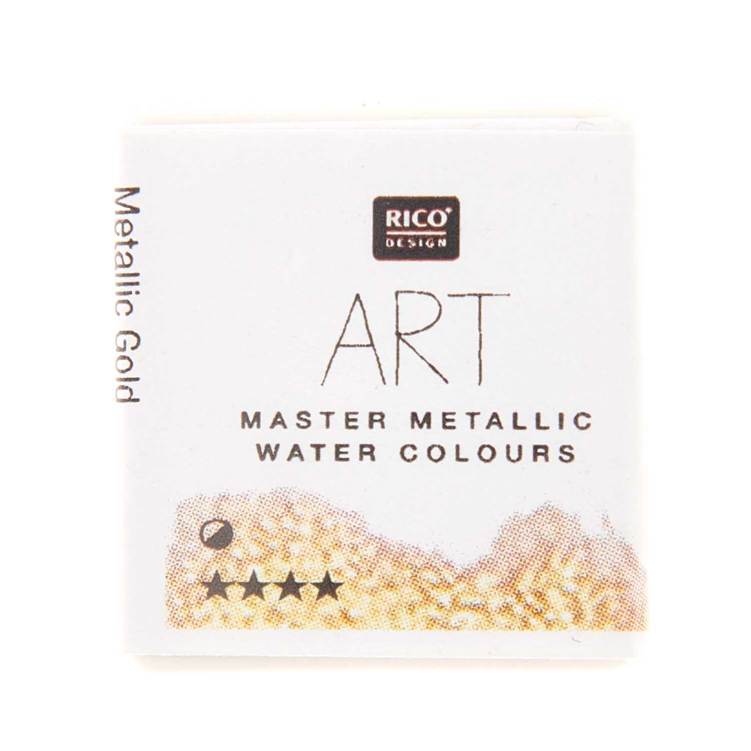 ART Master Metallic Aquarellfarbe halbes Näpfchen zeigt eine goldene Farbe von Rico Design. Verpackung mit vier Sternen.