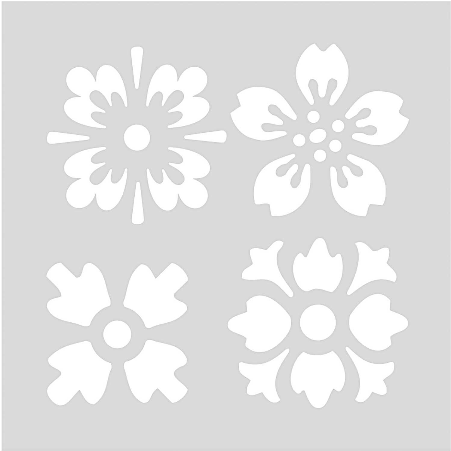 Schablone Blumen 7,5x7,5cm selbstklebend von Rico Design zeigt vier weiße Blumenmuster auf grauem Hintergrund.