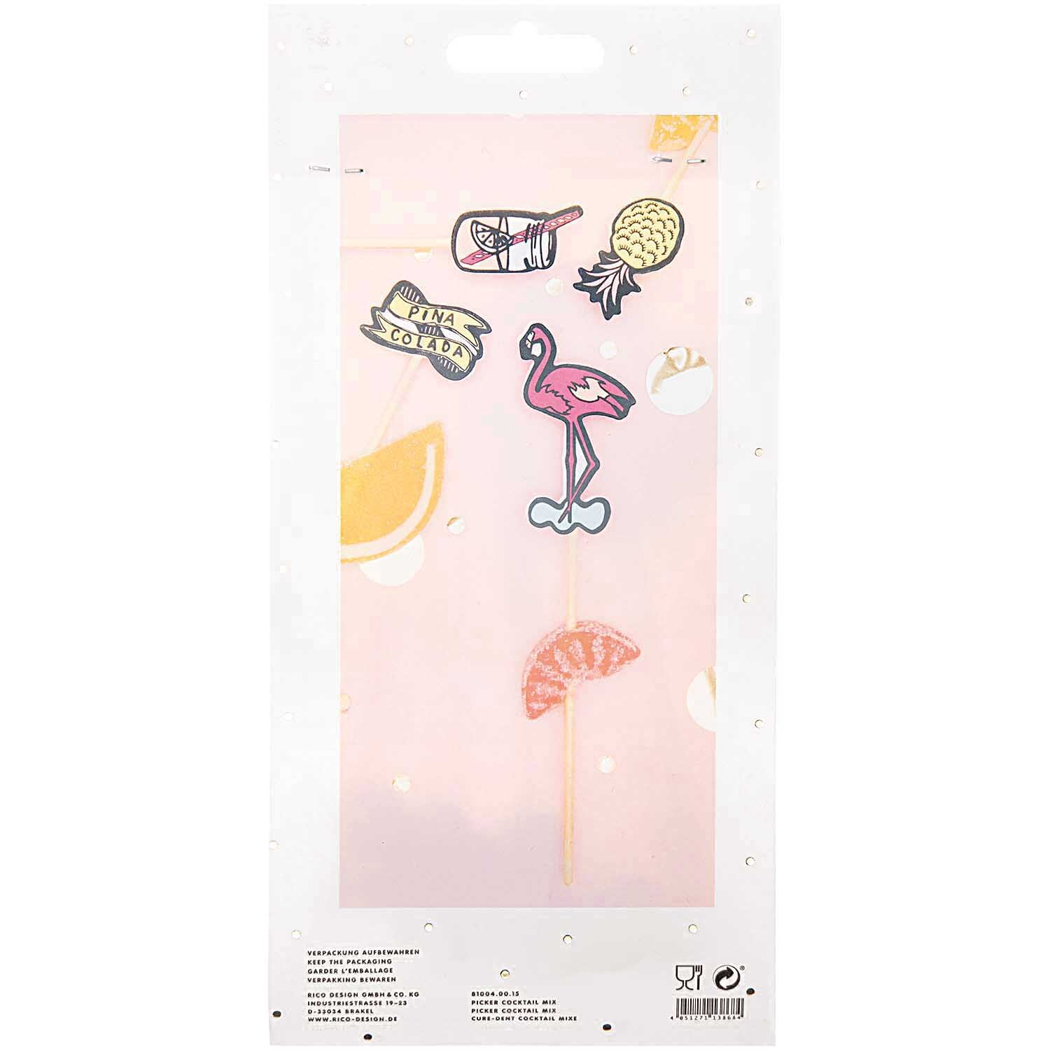 Picker Mix Cocktail 15cm 24 Stück mit bunten Motiven wie Flamingo und Ananas von Rico Design. Ideal für Partydekorationen.