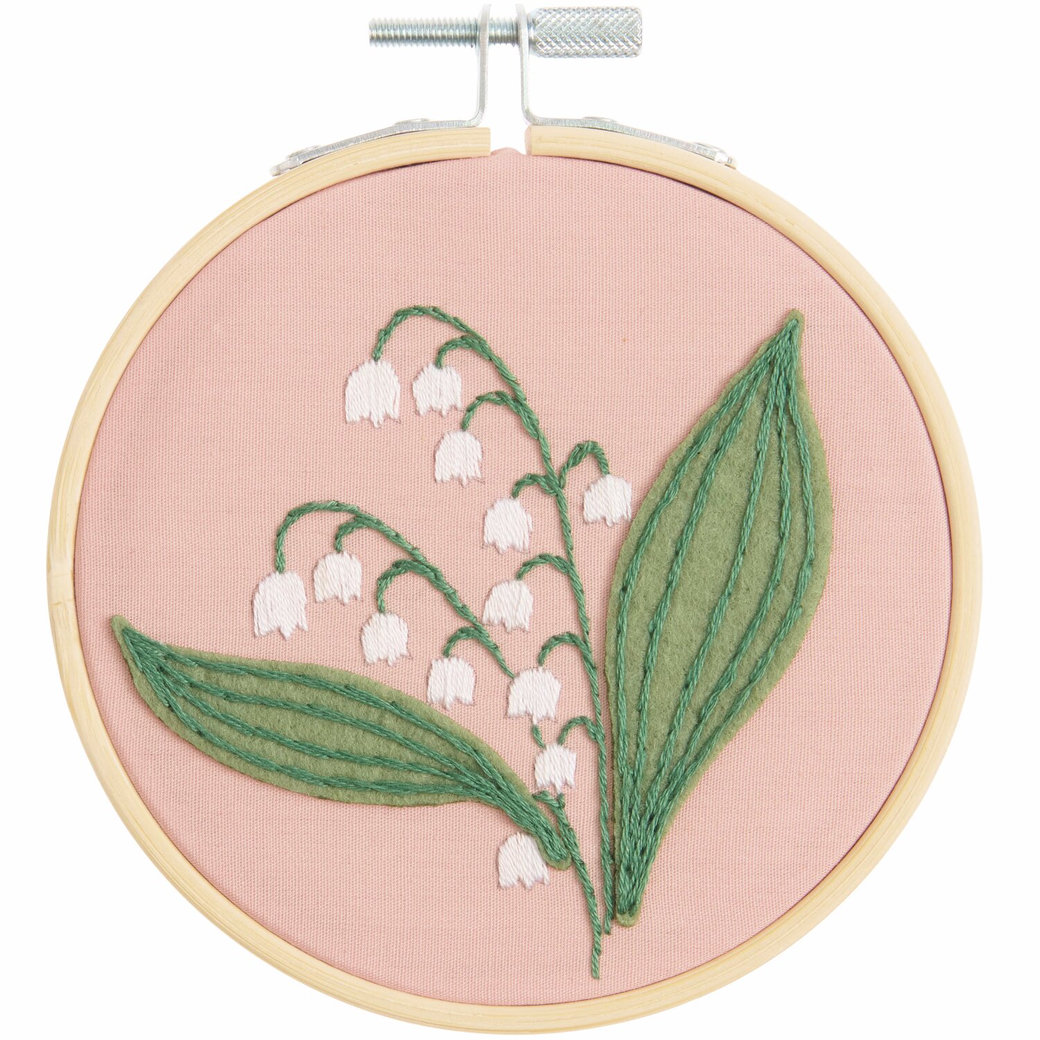 Stickpackung Vorgezeichnet Maiglöckchen auf rosa Stoff mit grünen Blättern, Ø10cm, von Rico Design.