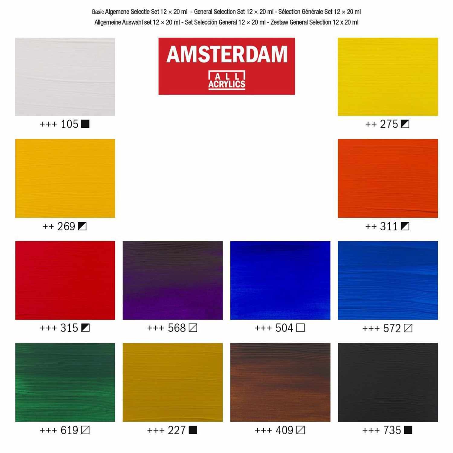 Acrylfarbe Set 12x20ml mit 12 leuchtenden Farben von AMSTERDAM, ideal für kreative Projekte.