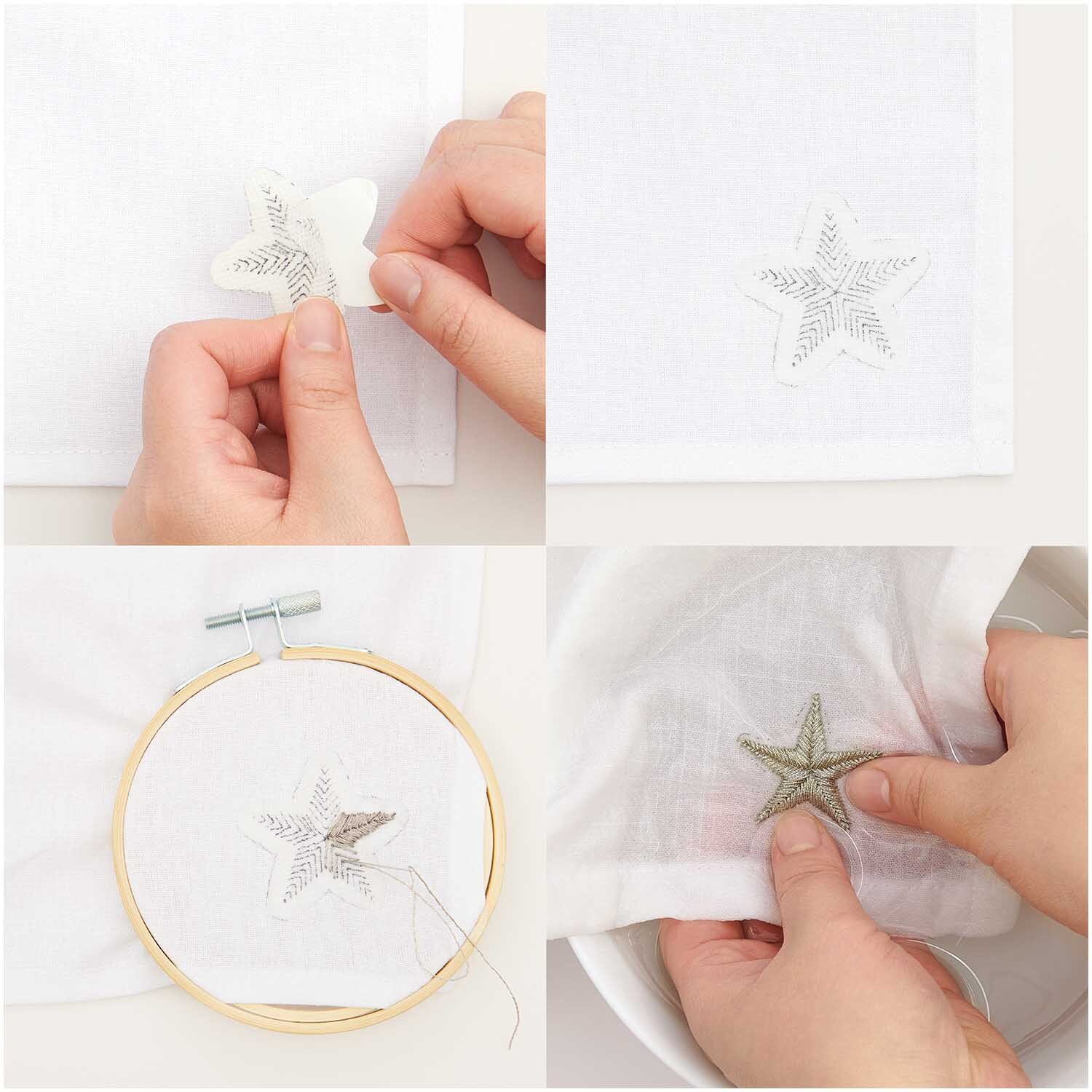 Stick and Stitch Stickpackung Herzen vorgezeichnet: Hände sticken ein Herzmotiv auf weißem Stoff mit Rico Design Stickrahmen.