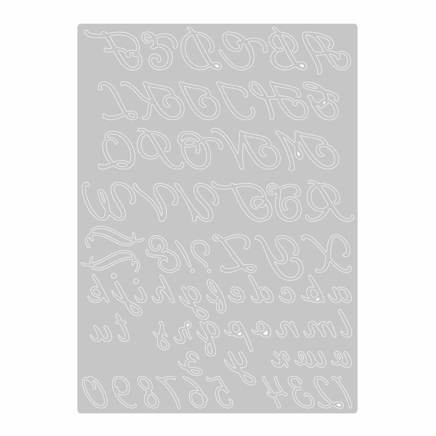 Thinlits Die Scripted Alphabet von Sizzix: Ein Set aus filigranen Buchstaben-Schablonen auf grauem Hintergrund. Ideal für kreative Projekte.