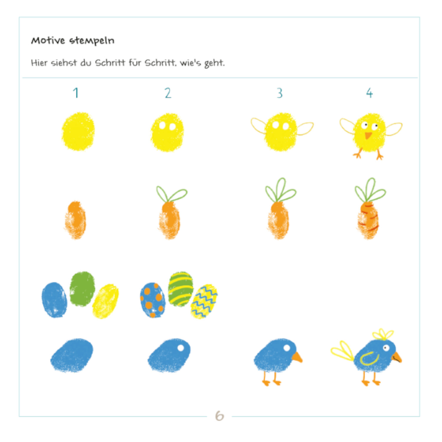 Fingerstempeln Bastelblock: Schritt-für-Schritt-Anleitung zum Stempeln von Ostermotiven in bunten Farben.