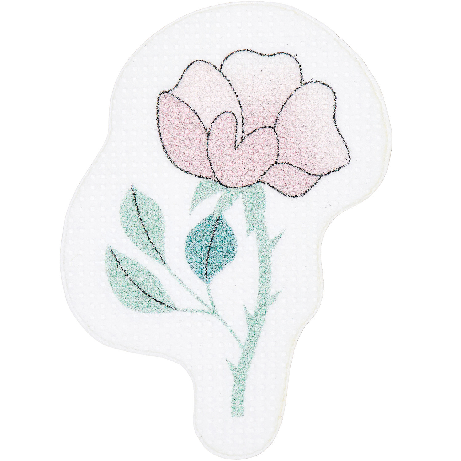Stick and Stitch Rosen: Aufnäher mit rosa Blume und grünen Blättern auf weißem Hintergrund.