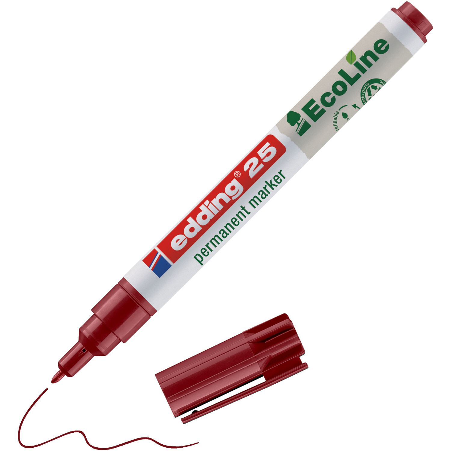 25 EcoLine Permanentmarker 1mm in Rot von edding, mit abnehmbarer Kappe, ideal für präzises Schreiben.