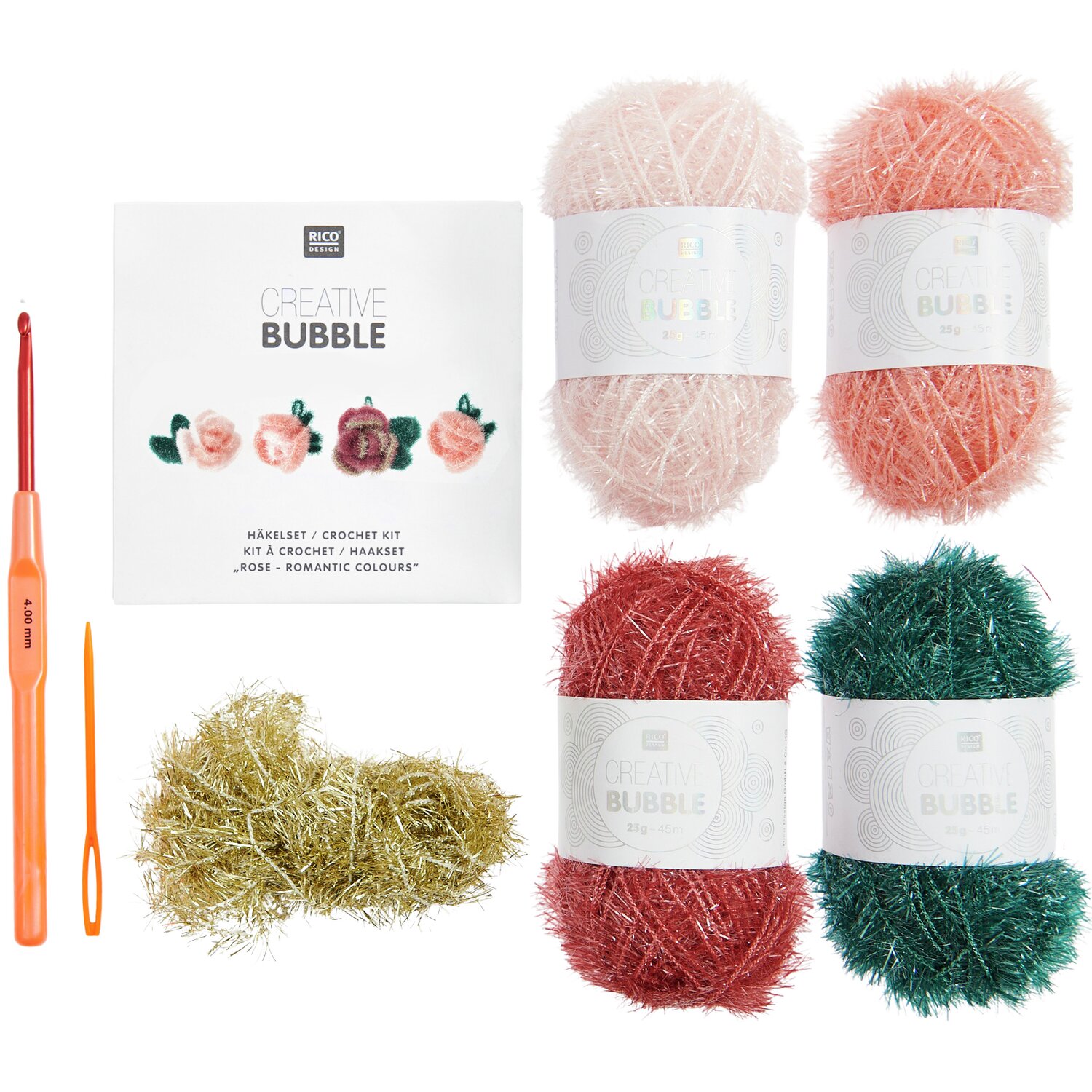 Häkelset Creative Bubble Rose Romantic von Rico Design mit bunten Garnen und Häkelnadel.