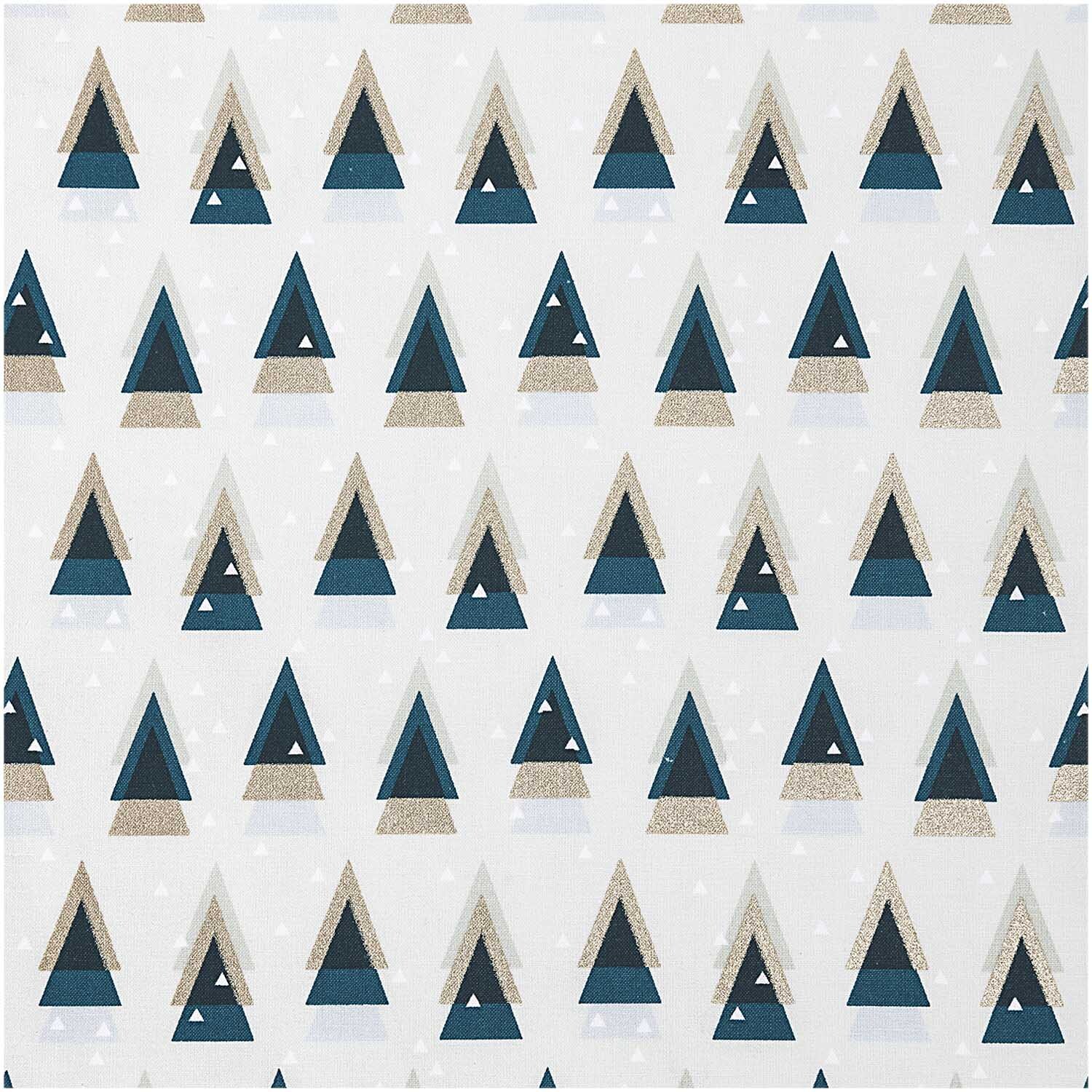 Druckstoff grafische Tanne mint-gold 140cm von Rico Design zeigt stilisierte Tannenbäume in Blau- und Goldtönen auf weißem Hintergrund.