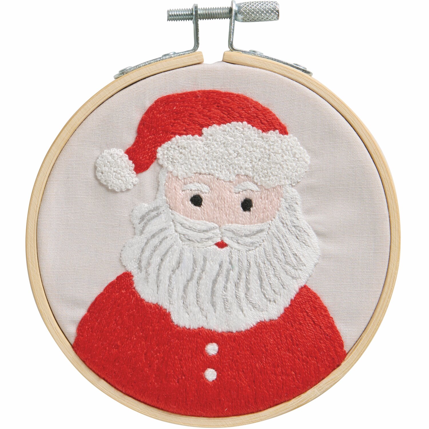 Stickpackung Santa vorgezeichnet zeigt einen gestickten Weihnachtsmann in Rot und Weiß, Ø10cm. Ideal für festliche Dekorationen.