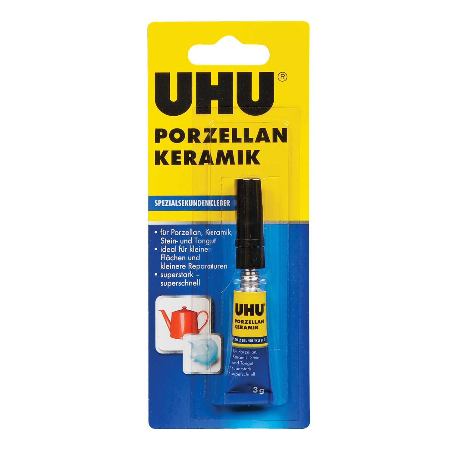 Porzellan und Keramik Spezialsekundenkleber 3g von UHU in gelber Verpackung mit blauer Schrift. Ideal für kleine Reparaturen.