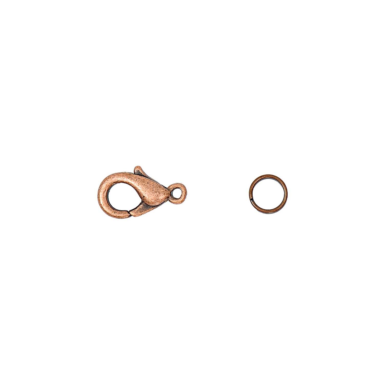 Karabiner mit Federringen in Kupfer von Rico Design, ideal für Schmuckherstellung und Bastelprojekte.