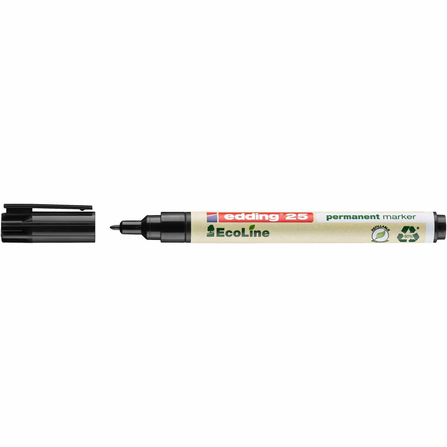 25 EcoLine Permanentmarker 1mm von edding, geöffneter schwarzer Marker mit recyceltem Gehäuse. Ideal für umweltbewusstes Schreiben.