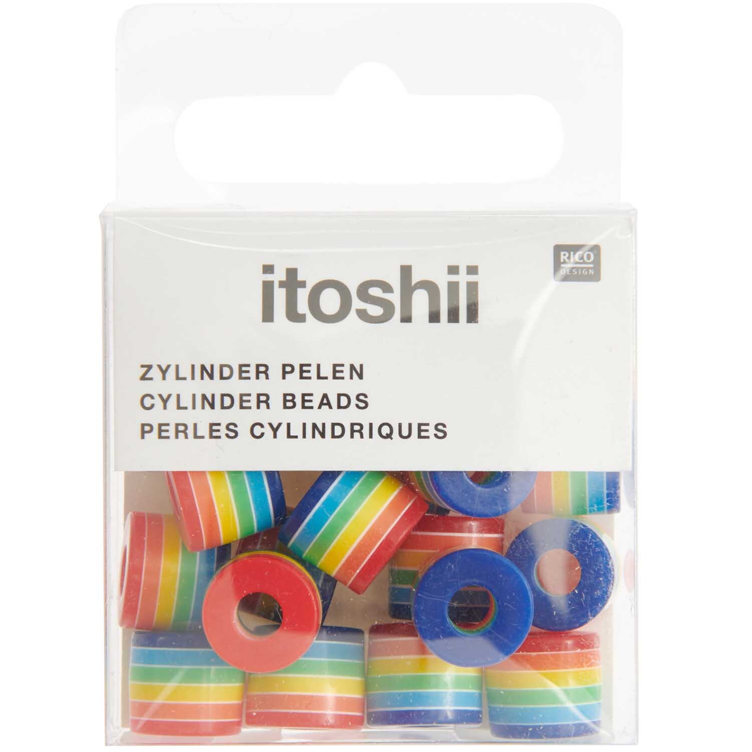 itoshii Gestreifte Zylinderperlen in Regenbogenfarben, 21 Stück, von Rico Design in einer Verpackung.