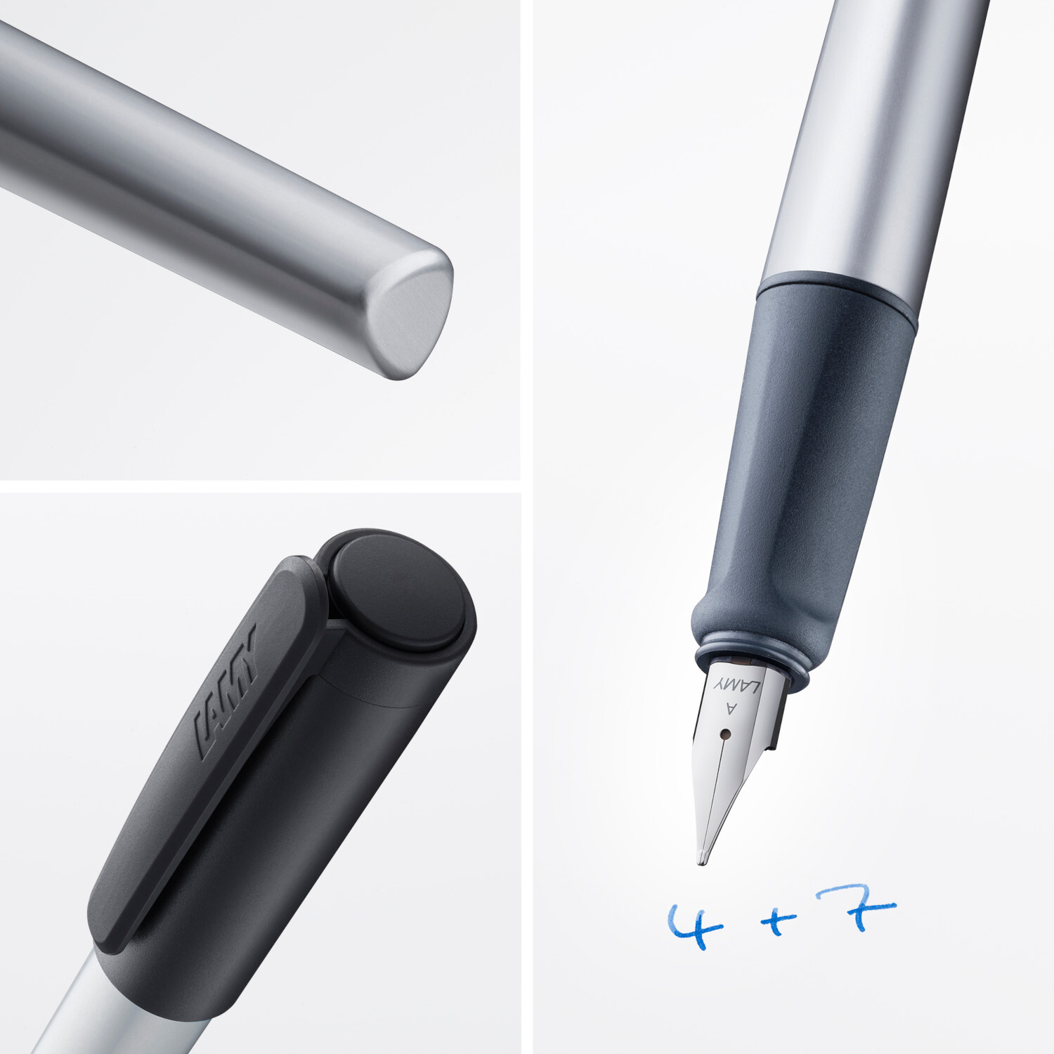 Füllhalter nexx mit schwarzem Griff und silberner Kappe, Marke Lamy, Feder A, schreibt blau.