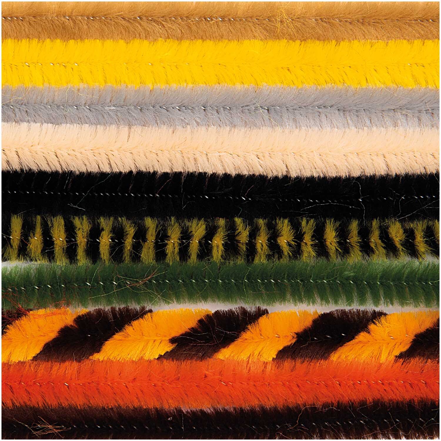 Chenilledraht-Mix 50cm 10 Stück von Rico Design in verschiedenen Farben, darunter Gelb, Grau und Schwarz, aufgereiht in Streifen.