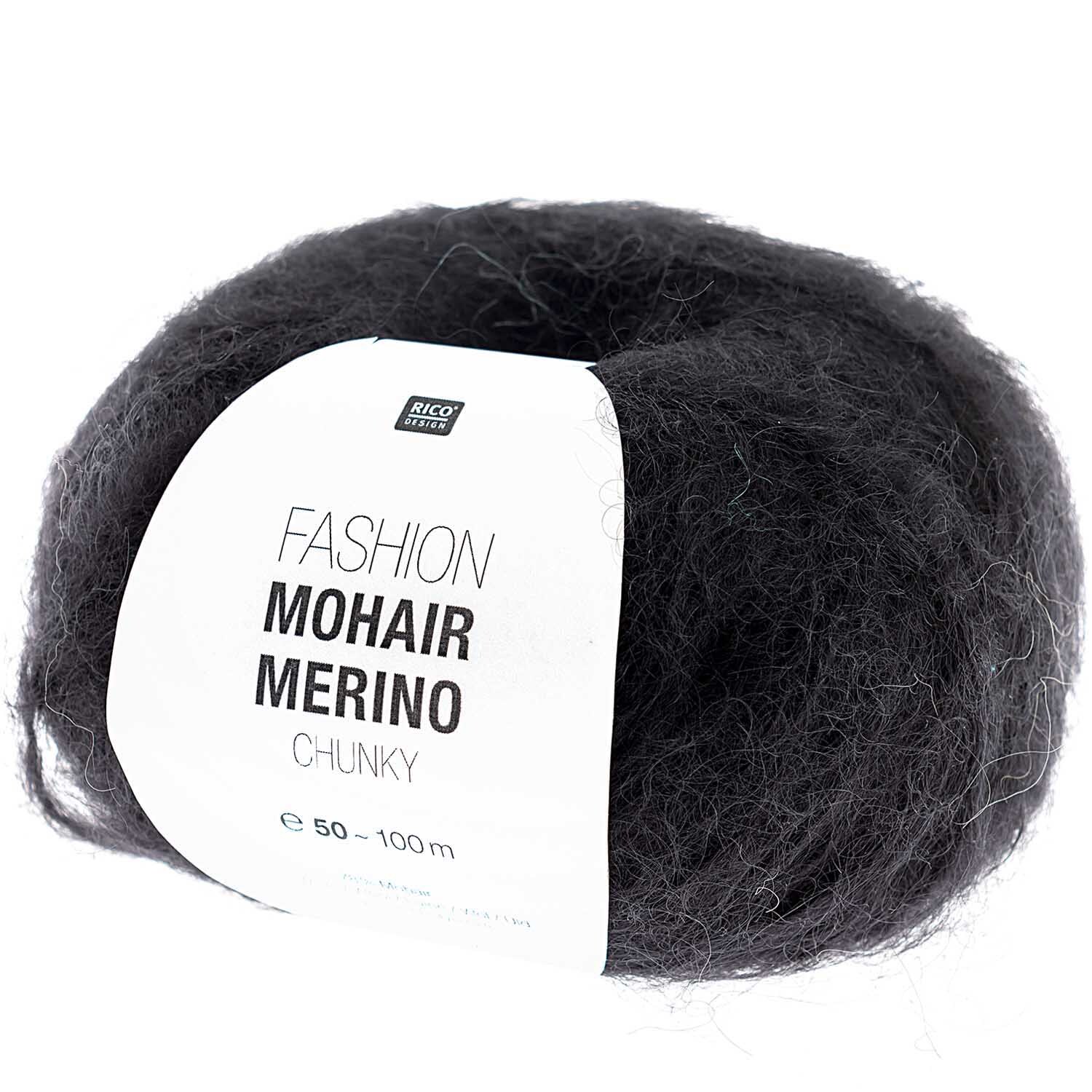 Fashion Mohair Merino Chunky Strickset zeigt ein schwarzes Wollknäuel von Rico Design, ideal für Trachtenjacken.