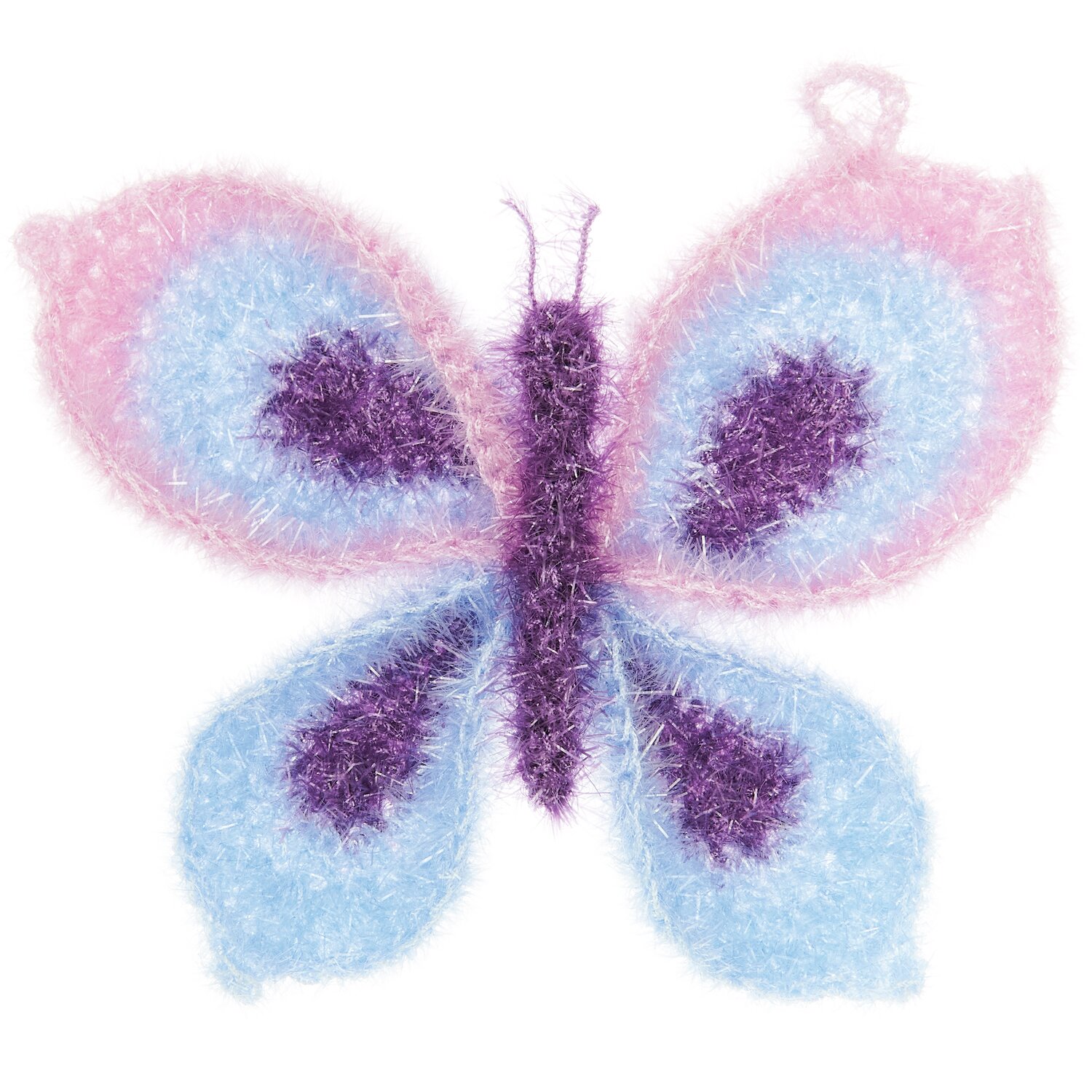 Häkelset Creative Bubble Schmetterling zeigt einen flauschigen Schmetterling in Rosa, Blau und Lila von Rico Design.