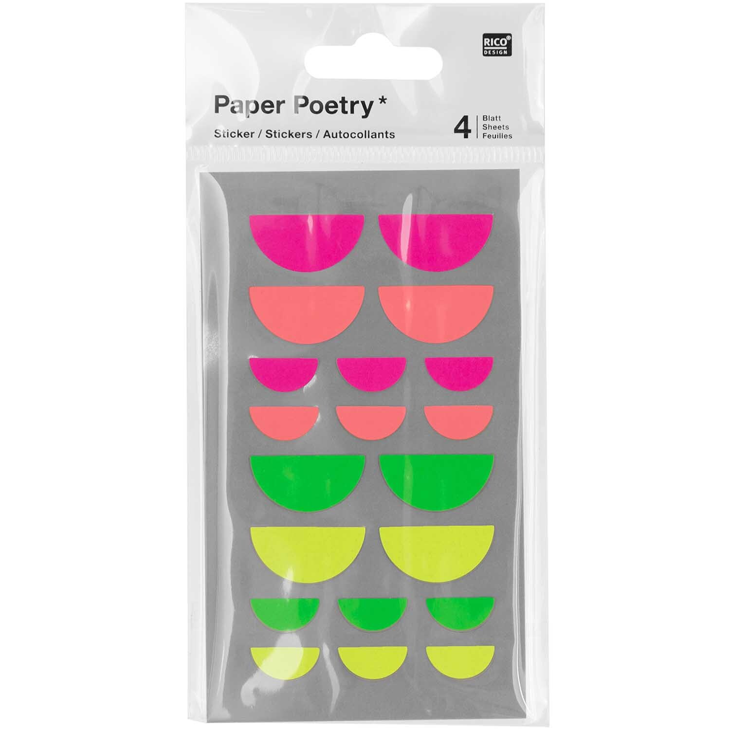 Paper Poetry Sticker Mund neon 4 Blatt von Rico Design zeigt bunte Halbkreis-Sticker in Neonfarben.