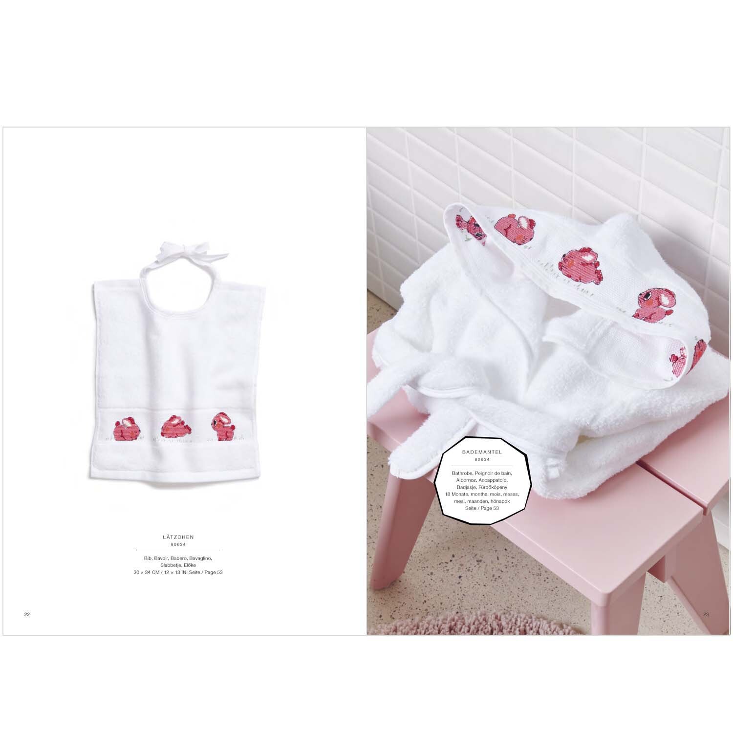 Stickbuch Cute, Cuter, Kawaii Nr. 175: Weißes Handtuchset mit roten Stickmotiven, präsentiert auf einem rosa Hocker. Ideal für kreative Designs.