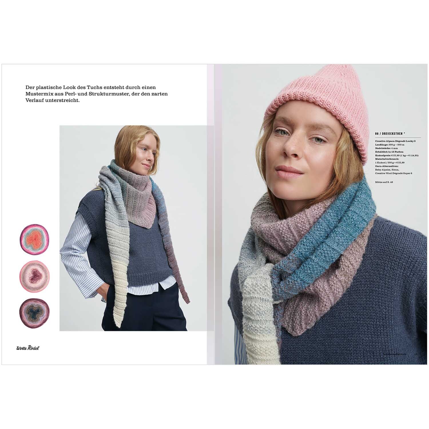 Die Neue Masche Nr. 04 Herbst: Frau trägt gestrickten Schal in Pastelltönen und rosa Mütze, von Wolle Rödel.