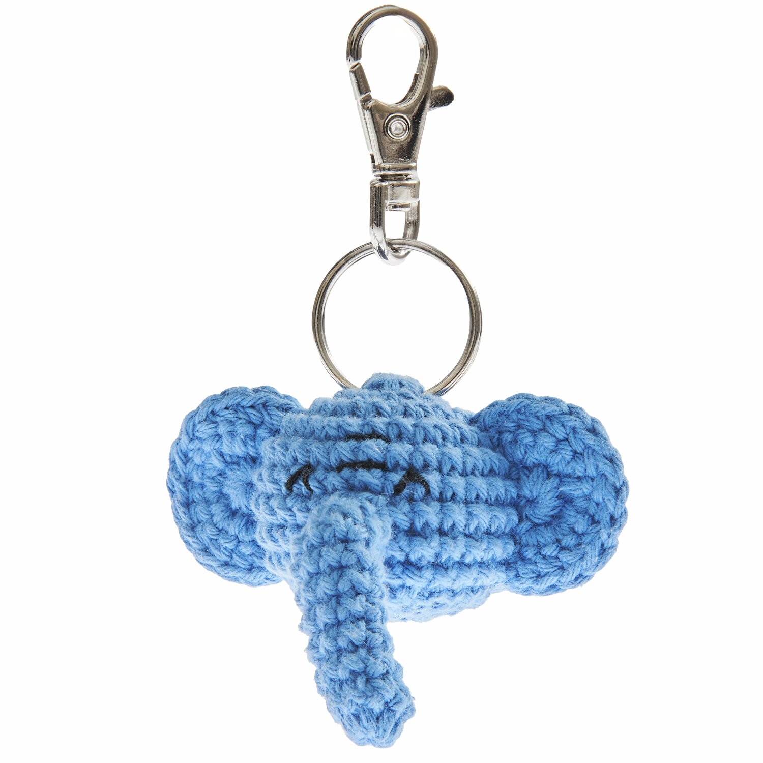 Ricorumi Häkelset Schlüsselanhänger - Chingu Animals: Blauer Elefantenkopf aus Wolle mit Metallring und Karabinerhaken. Ideal für Taschen.