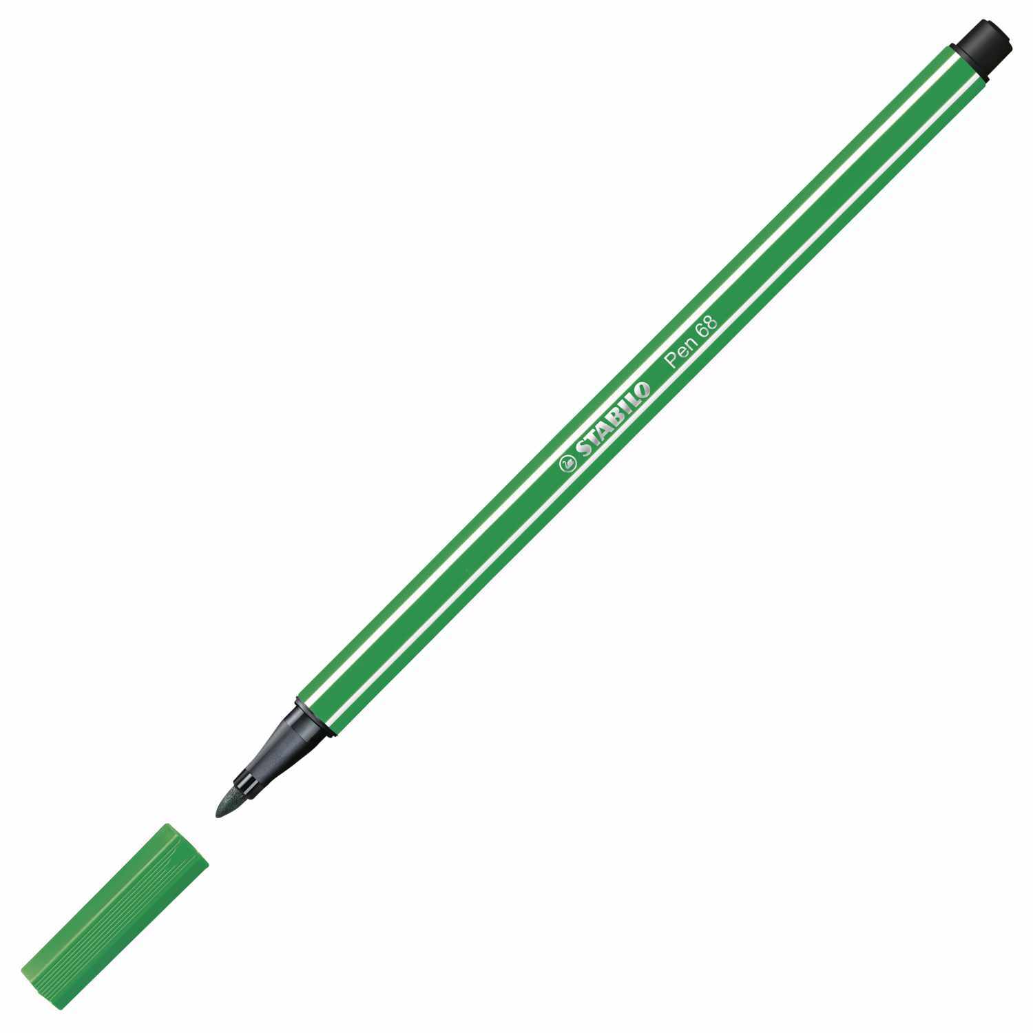 Pen 68 von STABILO in Smaragdgrün, abgebildet mit abgenommenem Deckel, ideal für präzises Zeichnen.
