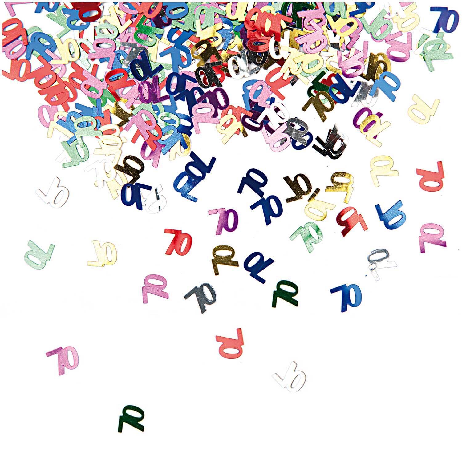 Flitter Streu 70 mehrfarbig 10g: Bunte, glitzernde Zahlen und Buchstaben von Rico Design auf weißem Hintergrund.