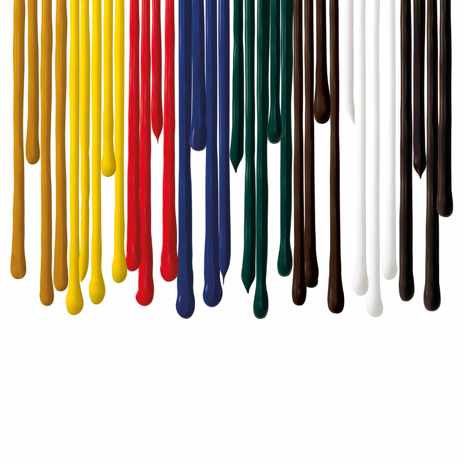 Basics Acrylfarben Set 8x75ml zeigt bunte Farbtropfen in Gelb, Rot, Blau, Grün, Braun, Schwarz und Weiß von Liquitex.