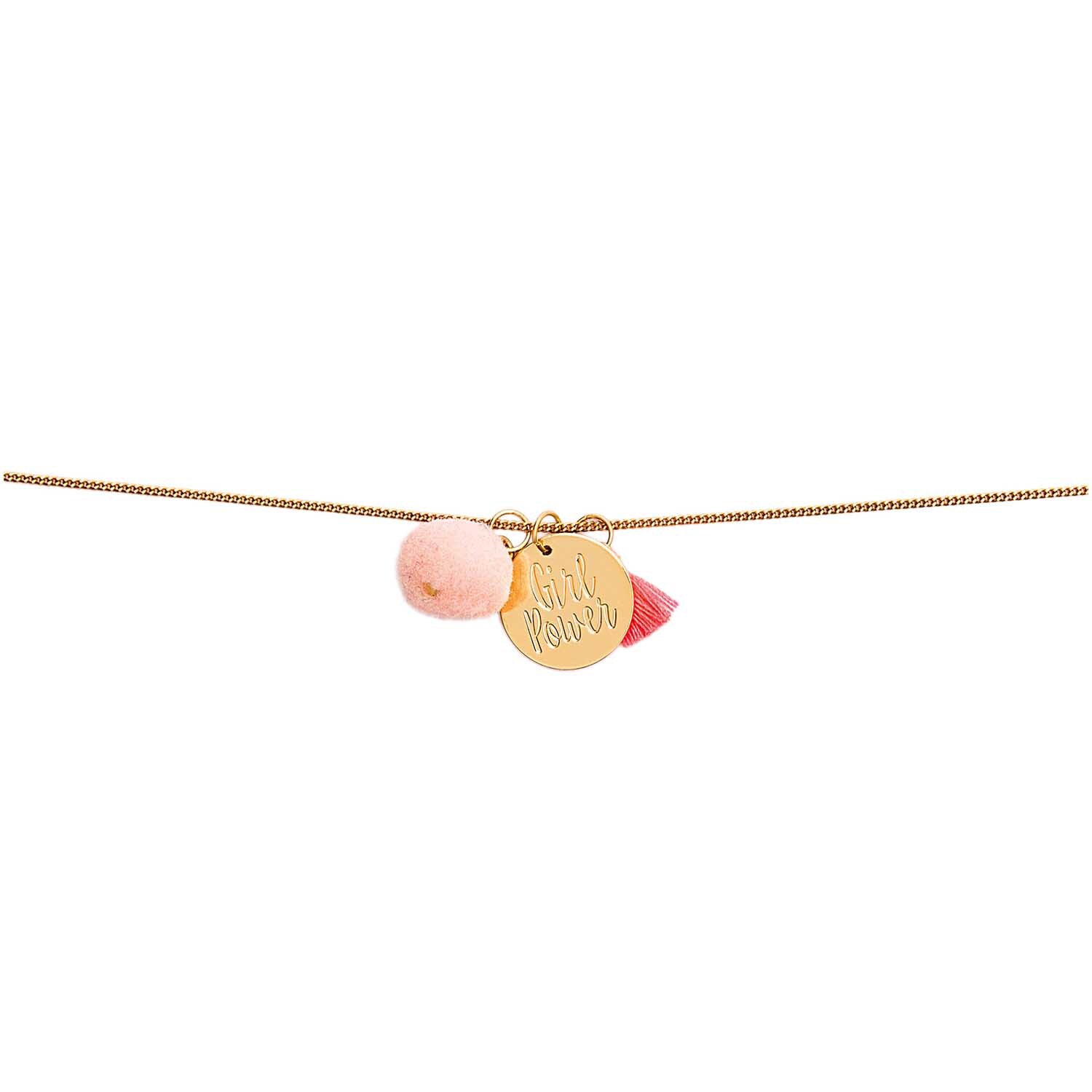 Mix it Up - Jewellery Gliederkette in Gold mit Anhängern, darunter ein rosa Pompon und ein Quaste. Ideal für stilvolle Akzente.