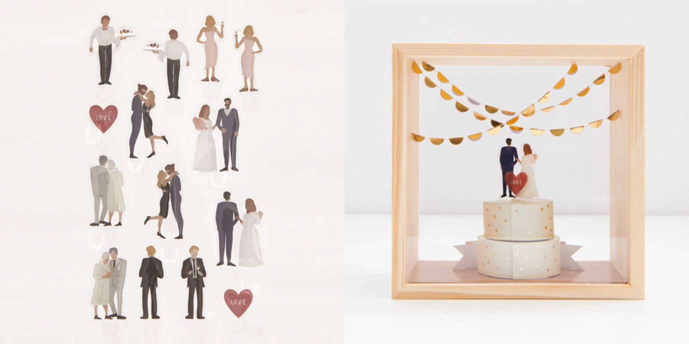 Zwei quadratische Bilder nebeneinander. Gelsticker im Hochzeits-Design und Objektrahmen mit gebastelter Hochzeitstorte.