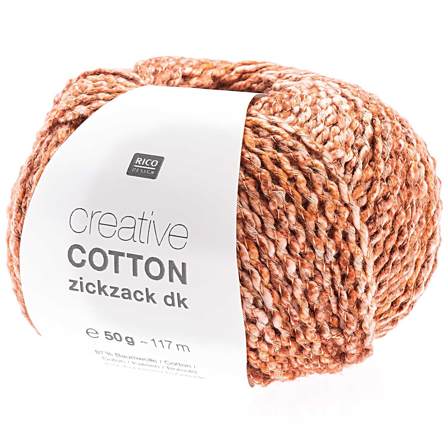 Creative Cotton Zickzack von Rico Design in Rot Spray, 50g Knäuel mit 117m Länge, ideal für Strickprojekte.