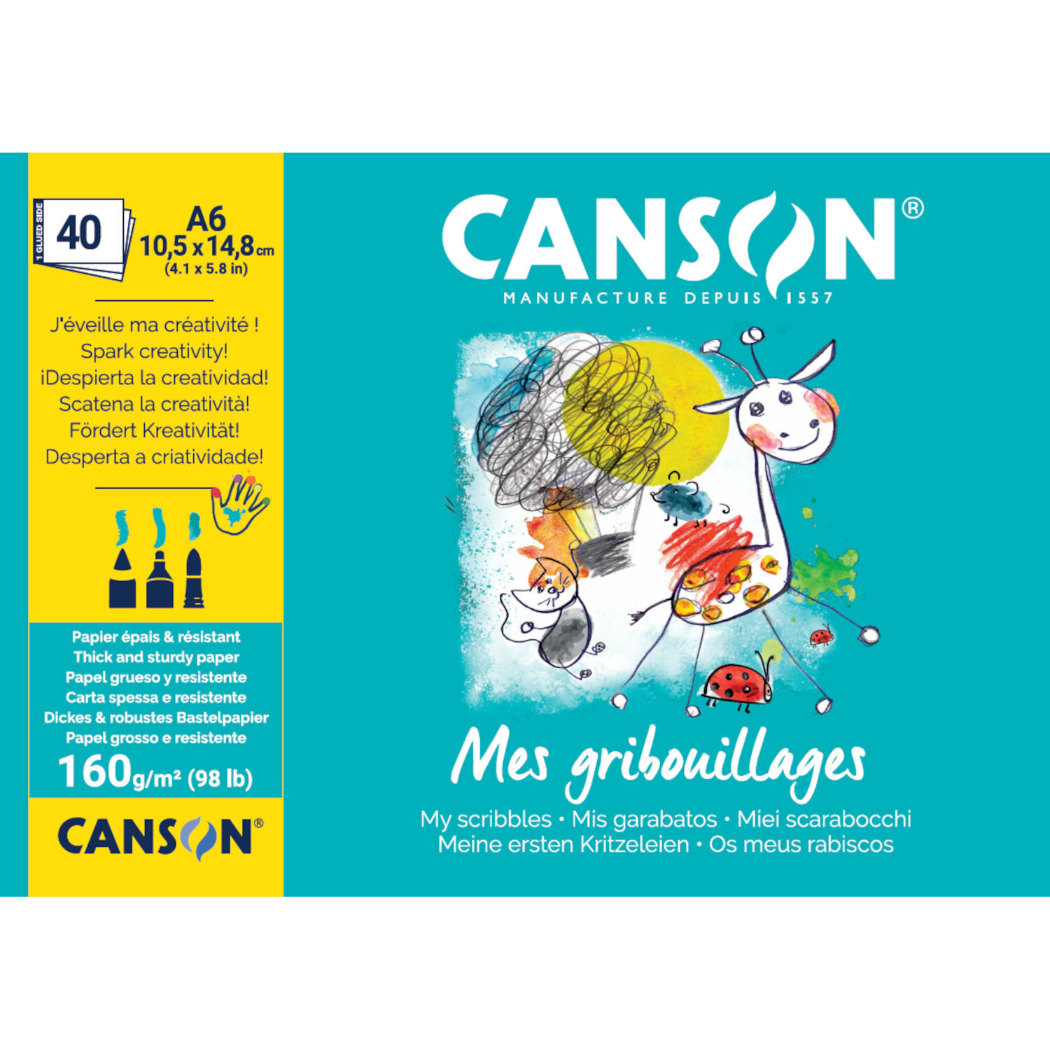 Kids Erste Kritzeleien Block DIN A6 40 Blatt von Canson mit bunter Tierzeichnung, stabilem 160g-Papier und kindgerechtem Zeichenblock-Design für kreative Anfänger