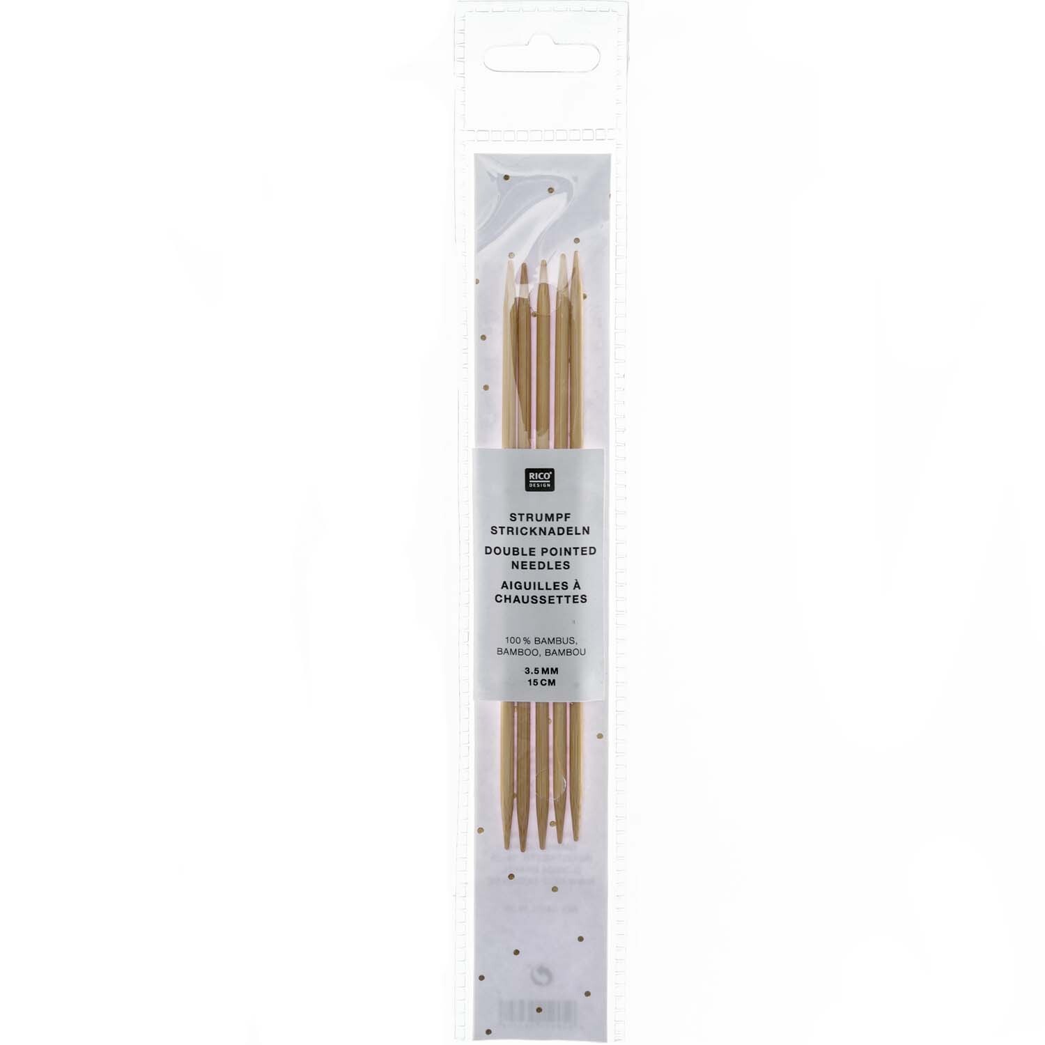 Nadelspiel 15cm Bambus von Rico Design, bestehend aus fünf Bambusnadeln in einer transparenten Verpackung. Ideal für Strickprojekte.