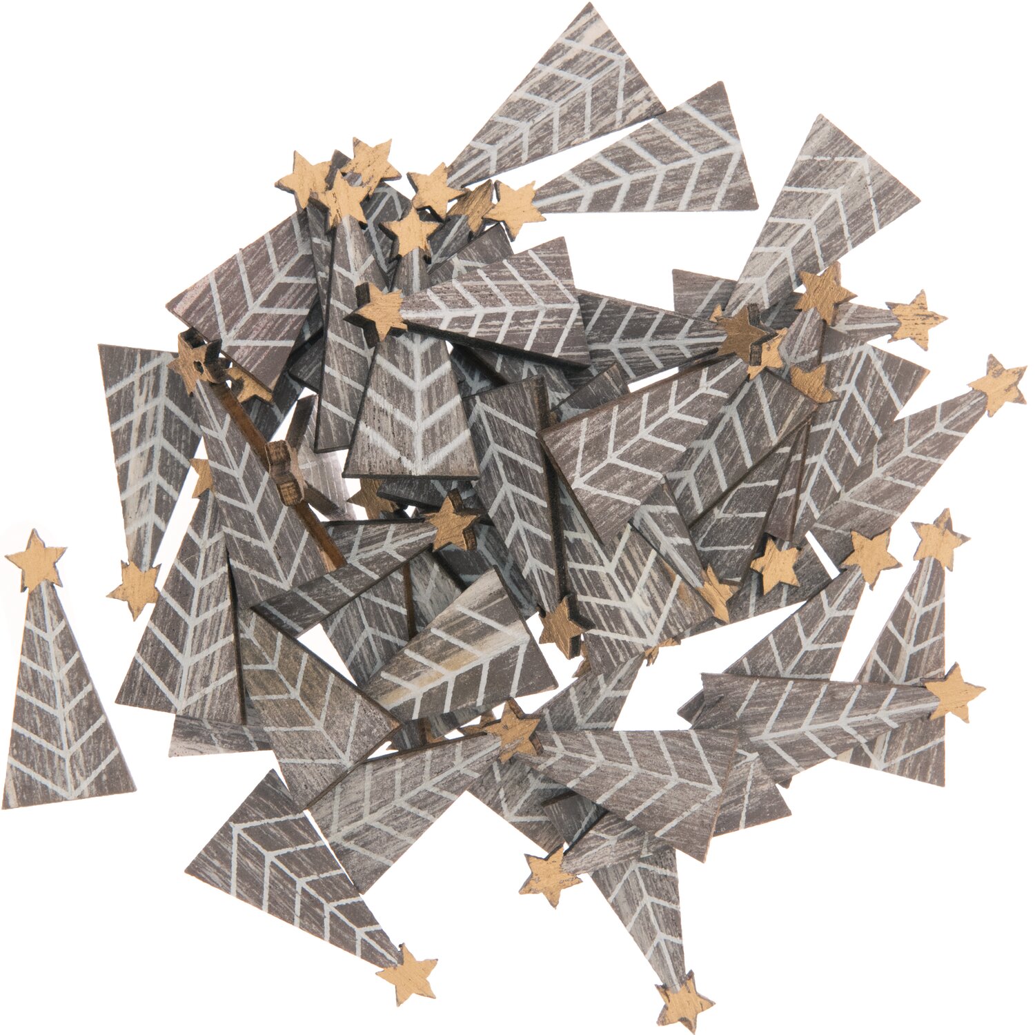 Holzstreu Tannenbaum shabby chic 15x30mm 48 Stück, braun, mit kleinen Sternen verziert. Ideal für kreative Dekorationen und Bastelprojekte.