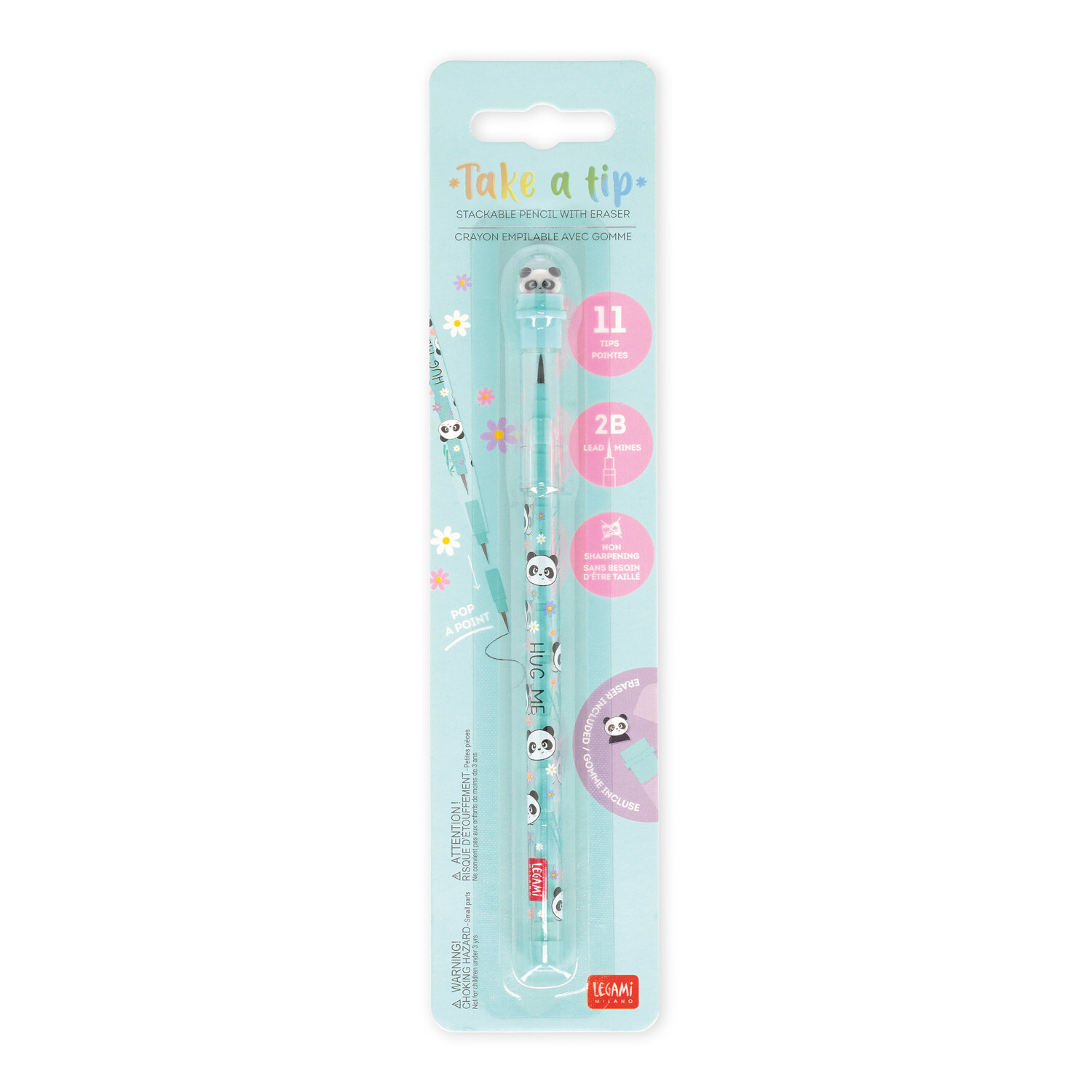 Stackable Pencils mit Panda-Motiv auf hellblauer Verpackung, 11 Stück, 2B Härtegrad. Ideal für Schule und Büro. Marke: Legami.
