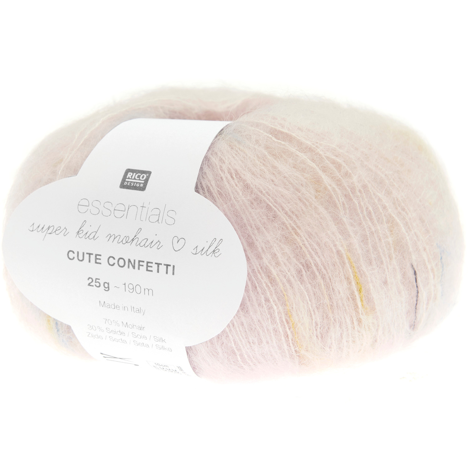 Essentials Super Kid Mohair Loves Silk Cute Confetti Strickset zeigt ein elegantes Dreieckstuch in frühlingshaften Farben, ideal für stilvolle Handknitting-Projekte.
