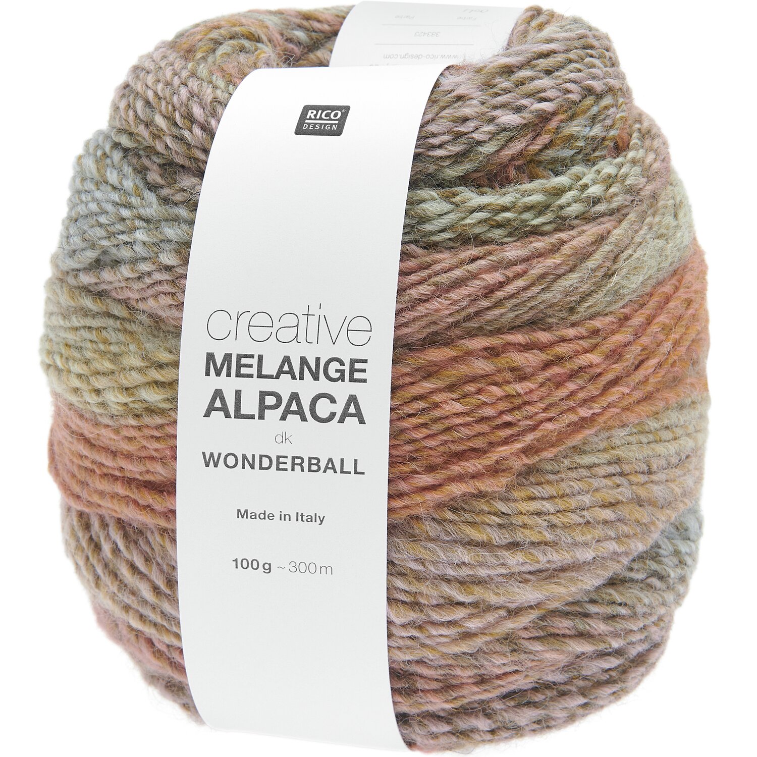 Creative Melange Alpaca Wonderball dk, bunte Wolle von Rico Design, ideal für Strickprojekte. 100g, 300m, hergestellt in Italien.