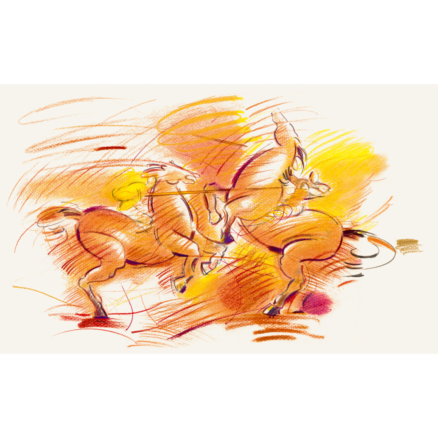 Polychromos Farbstift: Zwei kämpfende Pferde in lebendigen Orangetönen, gezeichnet mit Faber Castell.