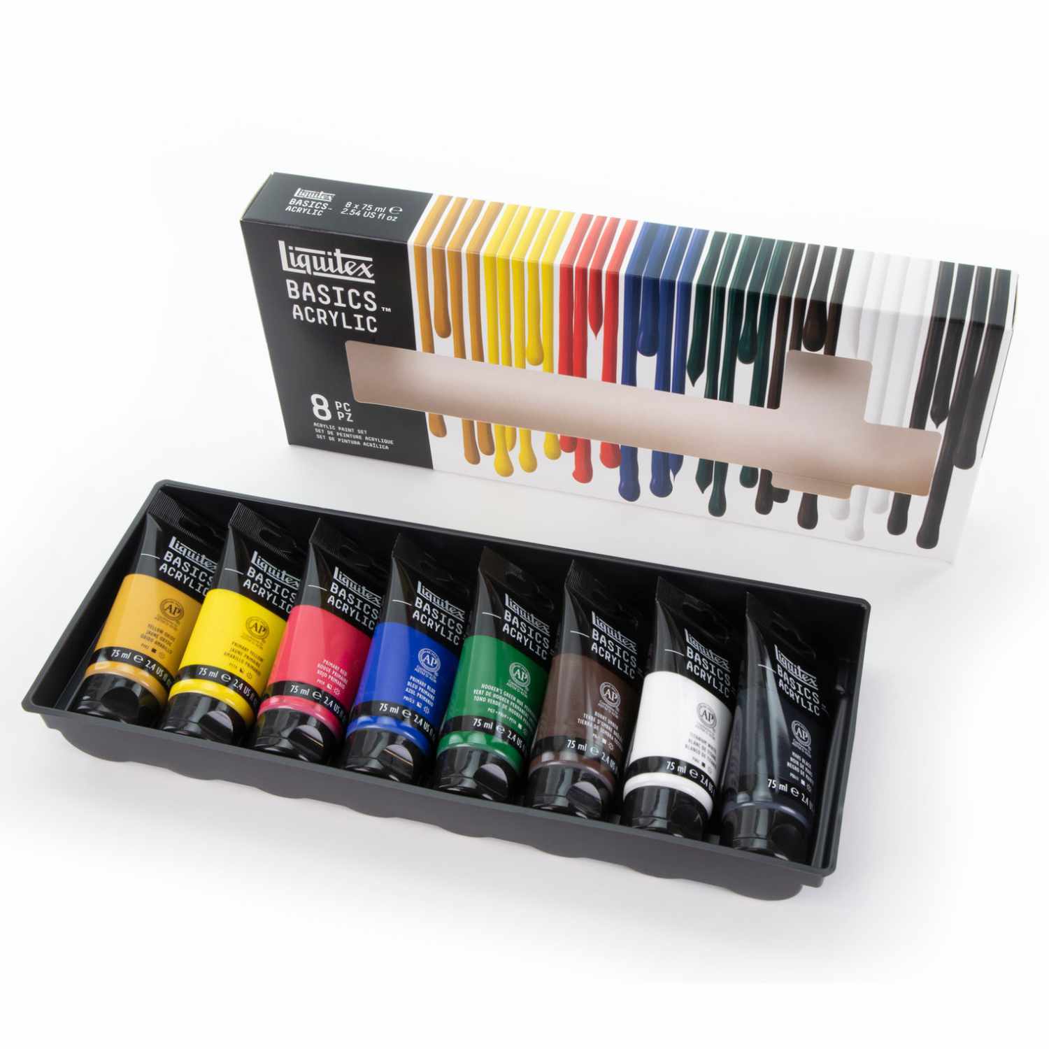 Basics Acrylfarben Set 8x75ml mit acht mehrfarbigen Tuben, präsentiert in einer schwarzen Verpackung. Ideal für kreative Projekte.