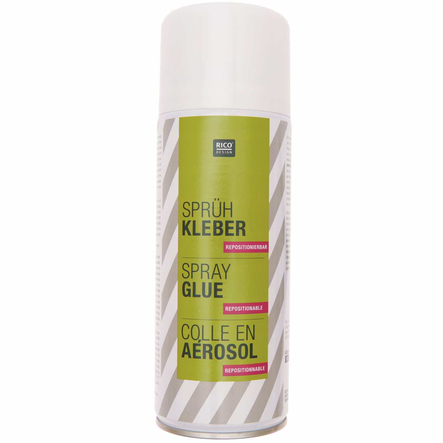 Sprühkleber repositionierbar 400ml von Rico Design in weißer Dose mit grünem Etikett. Ideal für kreative Projekte und einfaches Anbringen.