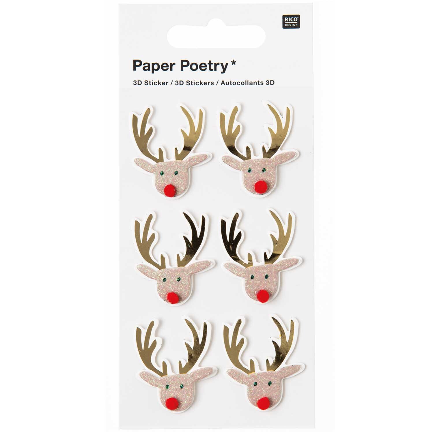Paper Poetry 3D Sticker Rentier braun: Sechs Rentier-Sticker mit roten Nasen und goldenen Geweihen auf weißem Hintergrund.
