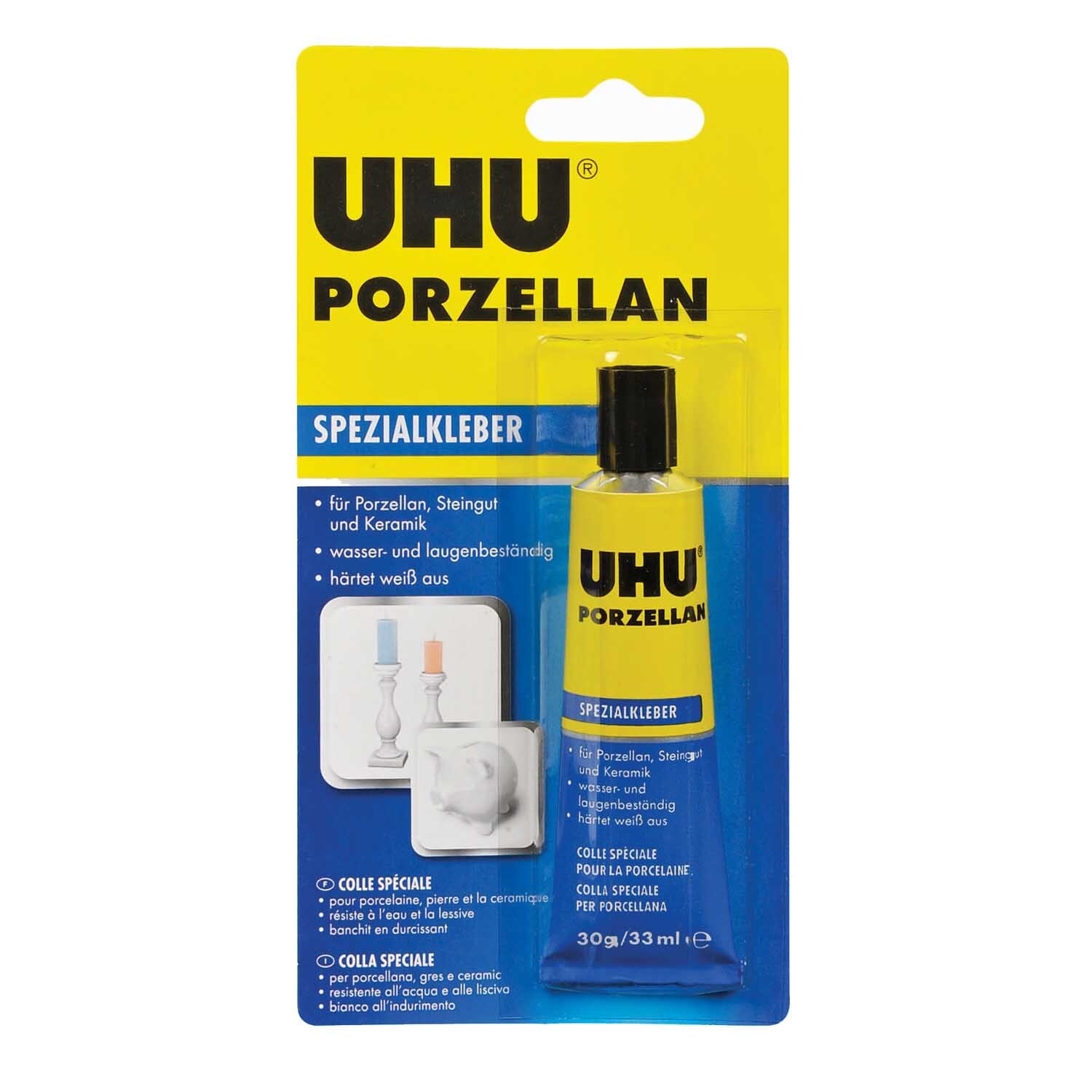 Porzellan Reparaturkleber 30g von UHU in gelber Verpackung, ideal für Porzellanreparaturen.