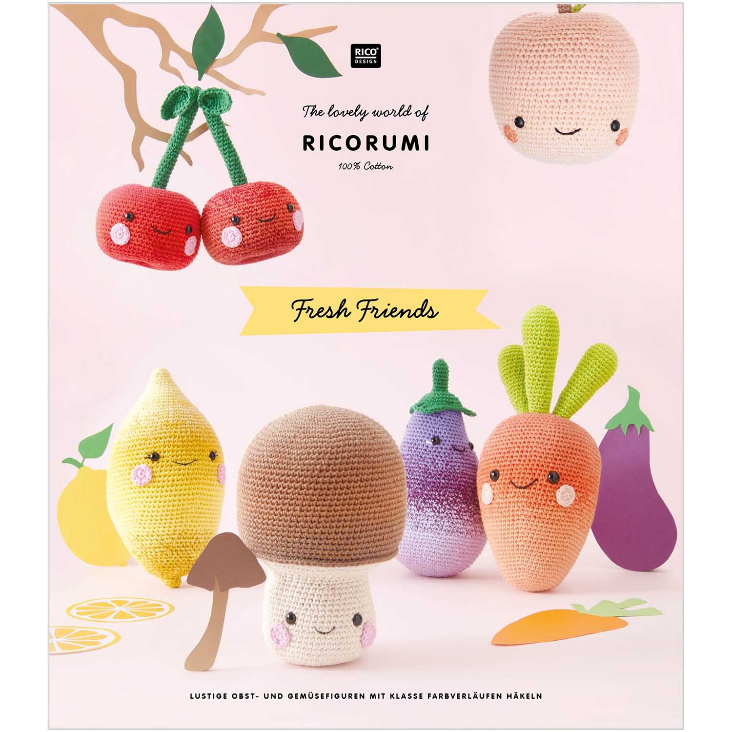 Ricorumi Fresh Friends Häkelset: Bunte, gehäkelte Obst- und Gemüsefiguren auf rosa Hintergrund.