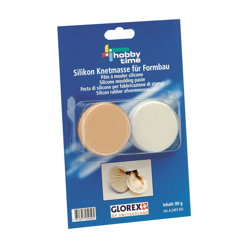 Silikonknetmasse 80g 2 Komponenten von Glorex in Verpackung mit zwei Dosen, ideal für Formbau.